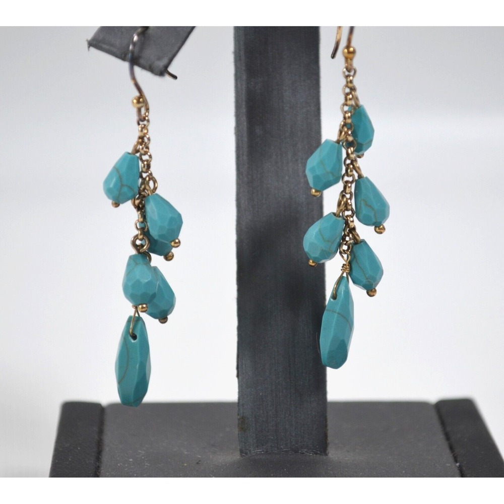Vintage  Gold Tone Hook Dangle Earrings Faceted‎ Turquoise Color Beads 2.25"